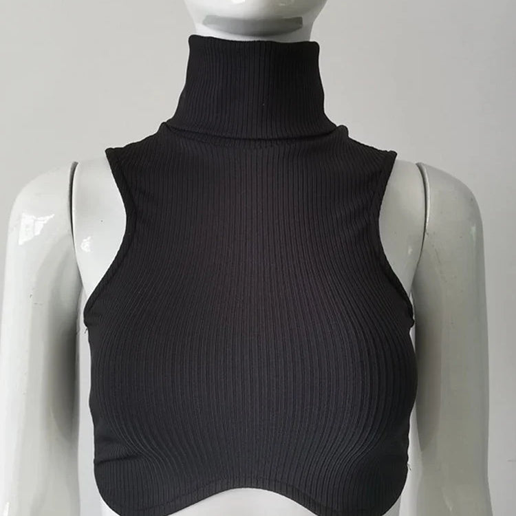 Y2k Black Knitting Turtleneck Crop Top Women Sexy Irregularity Skinny Elasticity Tank Top Fashion Club Top Streetwear