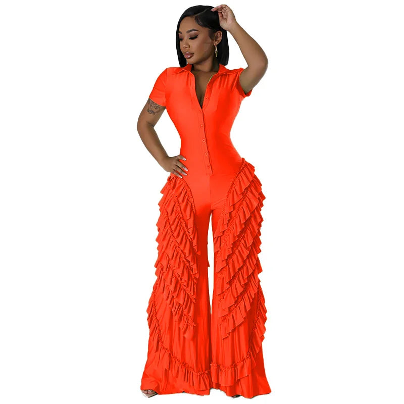 Fashion Women Mult Ruffles Short Sleeve Zipper Fly Wide Leg Shirt Jumpsuit 2024 Streetwear Romper One Piece Set Playsuit Orange