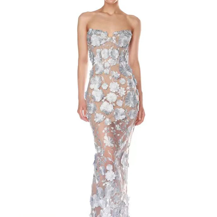Sexy Strapless Embroidery Flower Long Dress Women Sleeveless Structured Floral Slim Elegant Party Cocktail Evening Gowns
