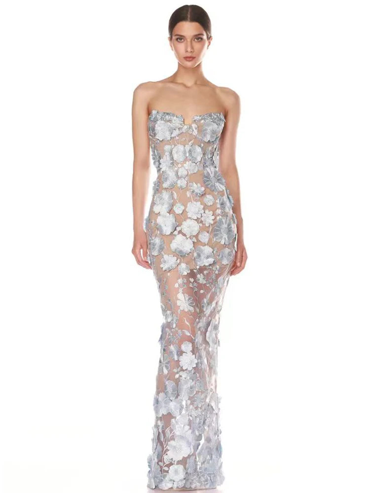 Sexy Strapless Embroidery Flower Long Dress Women Sleeveless Structured Floral Slim Elegant Party Cocktail Evening Gowns