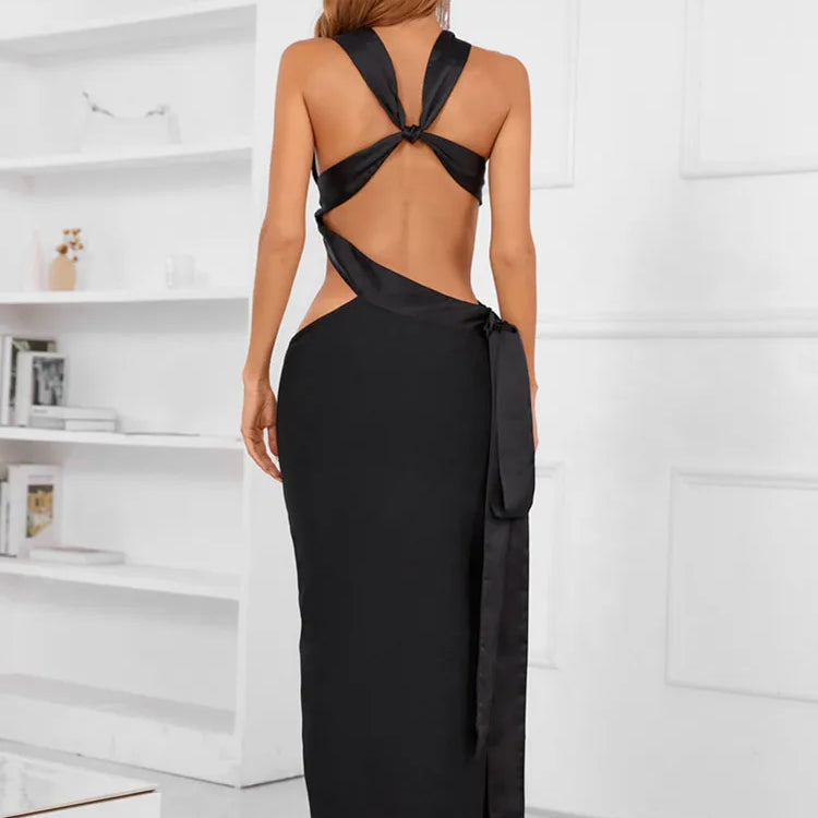Women Summer Sexy Sleeveless Backless Halter V Neck Black Midi Bodycon Bandage Dress 2022 Elegant Evening Party Dress