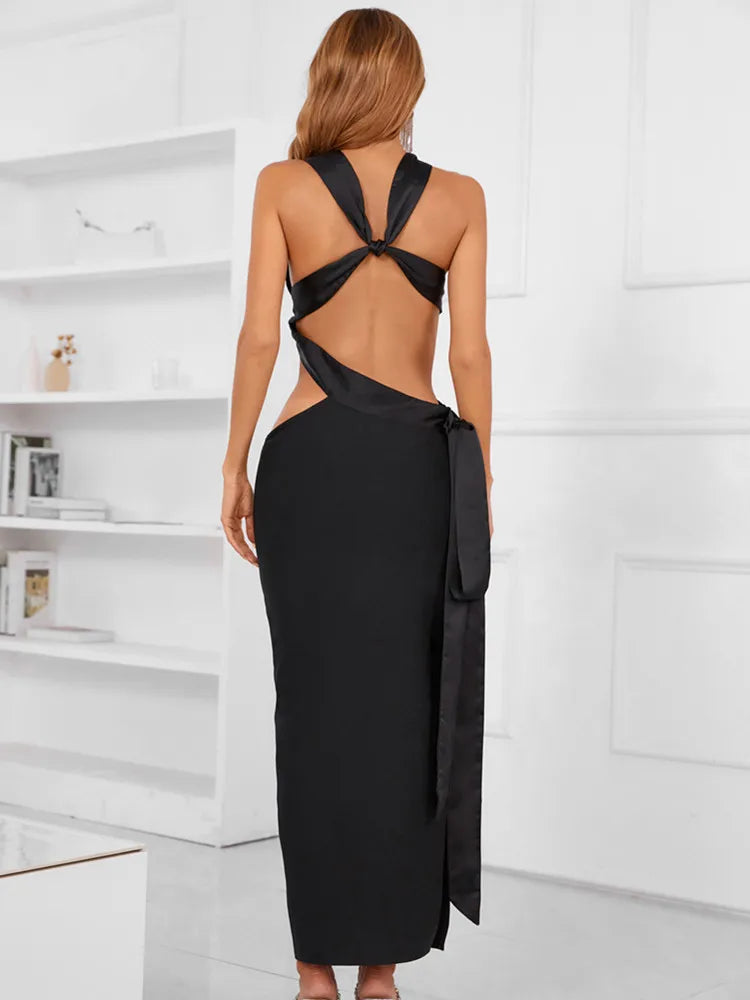 Women Summer Sexy Sleeveless Backless Halter V Neck Black Midi Bodycon Bandage Dress 2022 Elegant Evening Party Dress