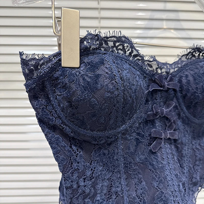 DEAT 2026 Spring New Fashion Sweet Bow Lace Edge Fishbone Chest Pad Strapless Vest For Women Backless Tank Tops Female 11A07820