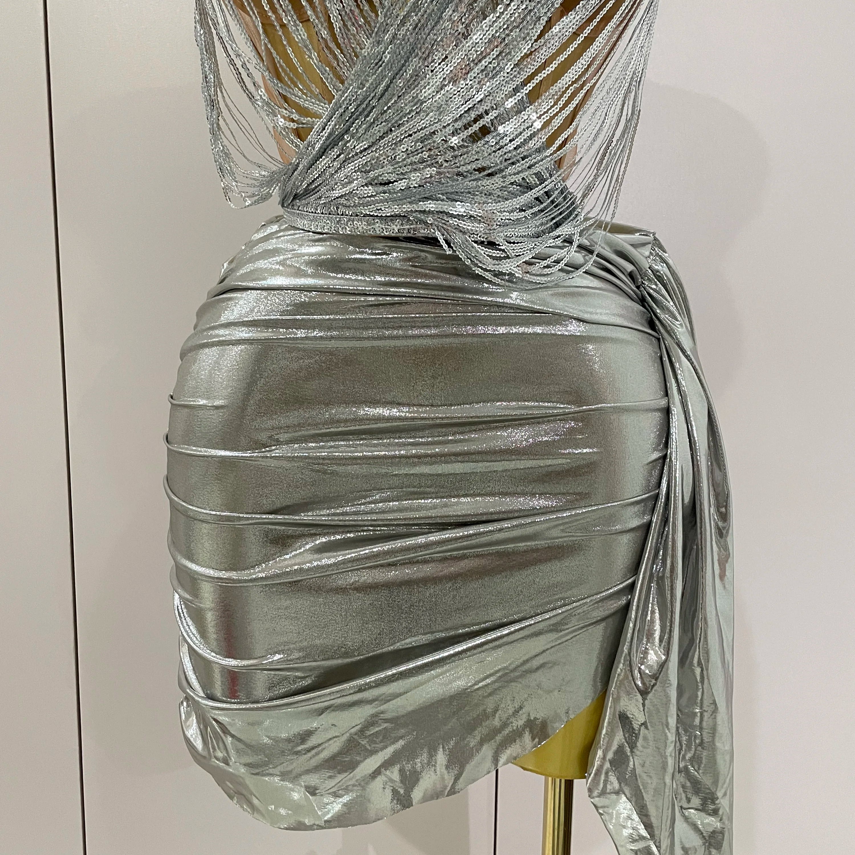 Stock Shiny Silver Sequin Tassels Mini Dress 2-piece Set 2025 New Women Evening Birthday Party Club ShootPhoto Stage Costume