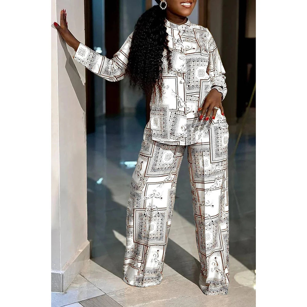 Plus Size Casual Pants Suit White Graphic Print Button Design Top Wide Leg Long Sleeve Two Piece Straight Pants Suit WHITE