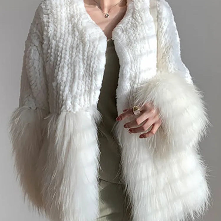 Women Fur Patchwork Imitation Furs Coats Loose Elegant O-neck Solid Cardigan Weave Design Blends Jacket Autumn