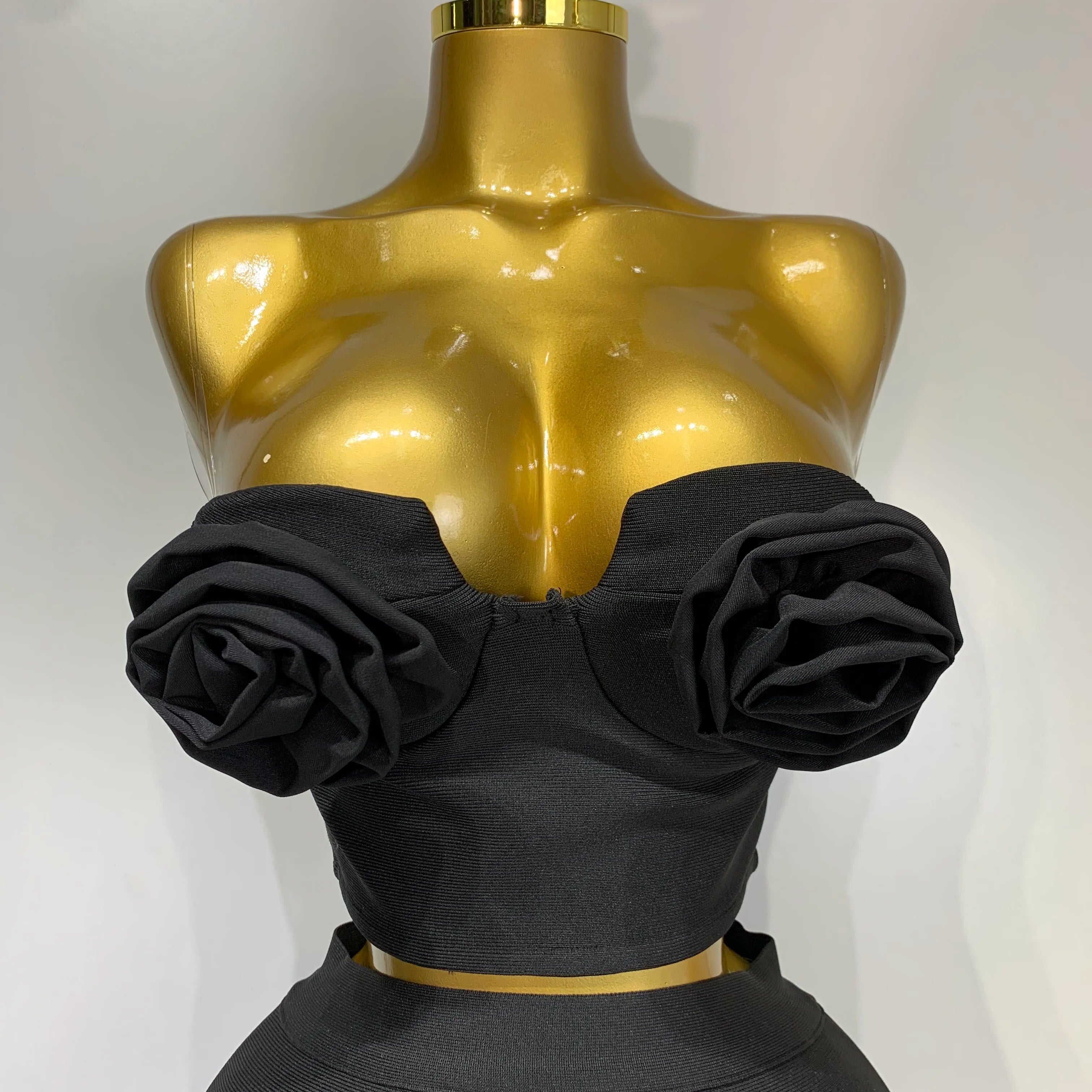 2025 Women 3D Flower Black Bodycon Bandage Two Piece Set Designer High Waist Evening Party Club Birthday Skirt Set