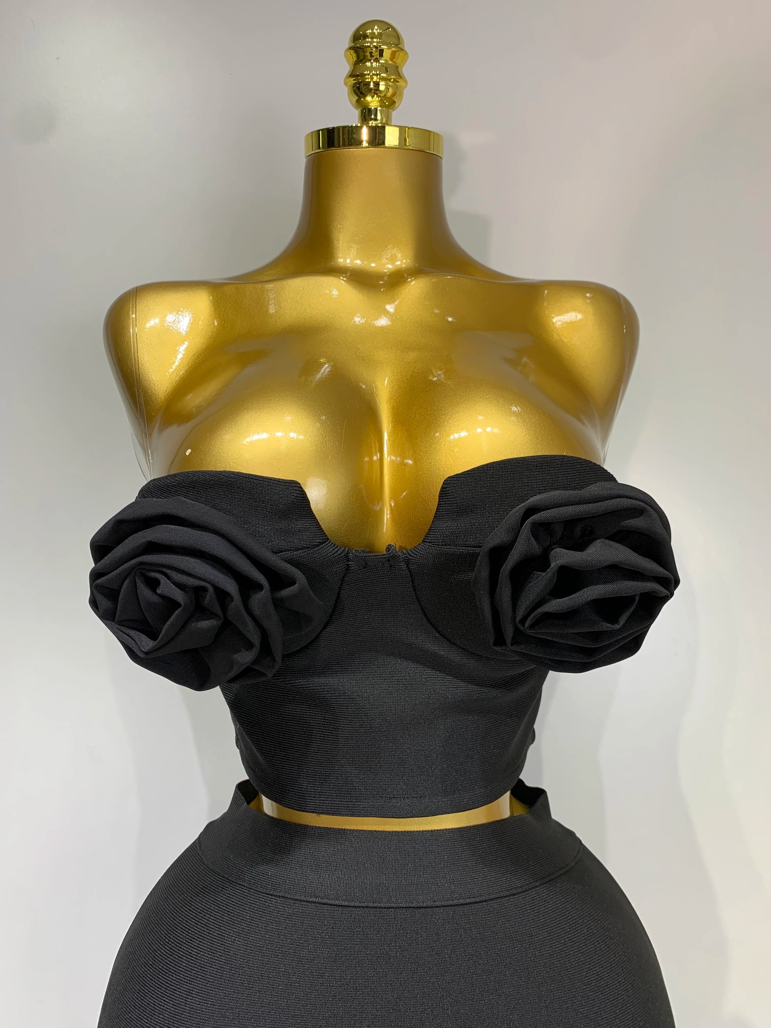2025 Women 3D Flower Black Bodycon Bandage Two Piece Set Designer High Waist Evening Party Club Birthday Skirt Set
