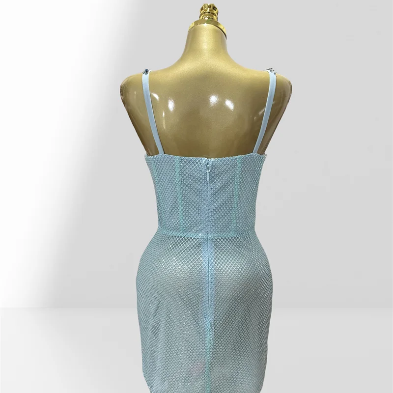 2025 Luxury Feathers Blue Diamonds Sexy See Through Spaghetti Mini Dress Woman Birthday Party Vestido Club Party Outfit
