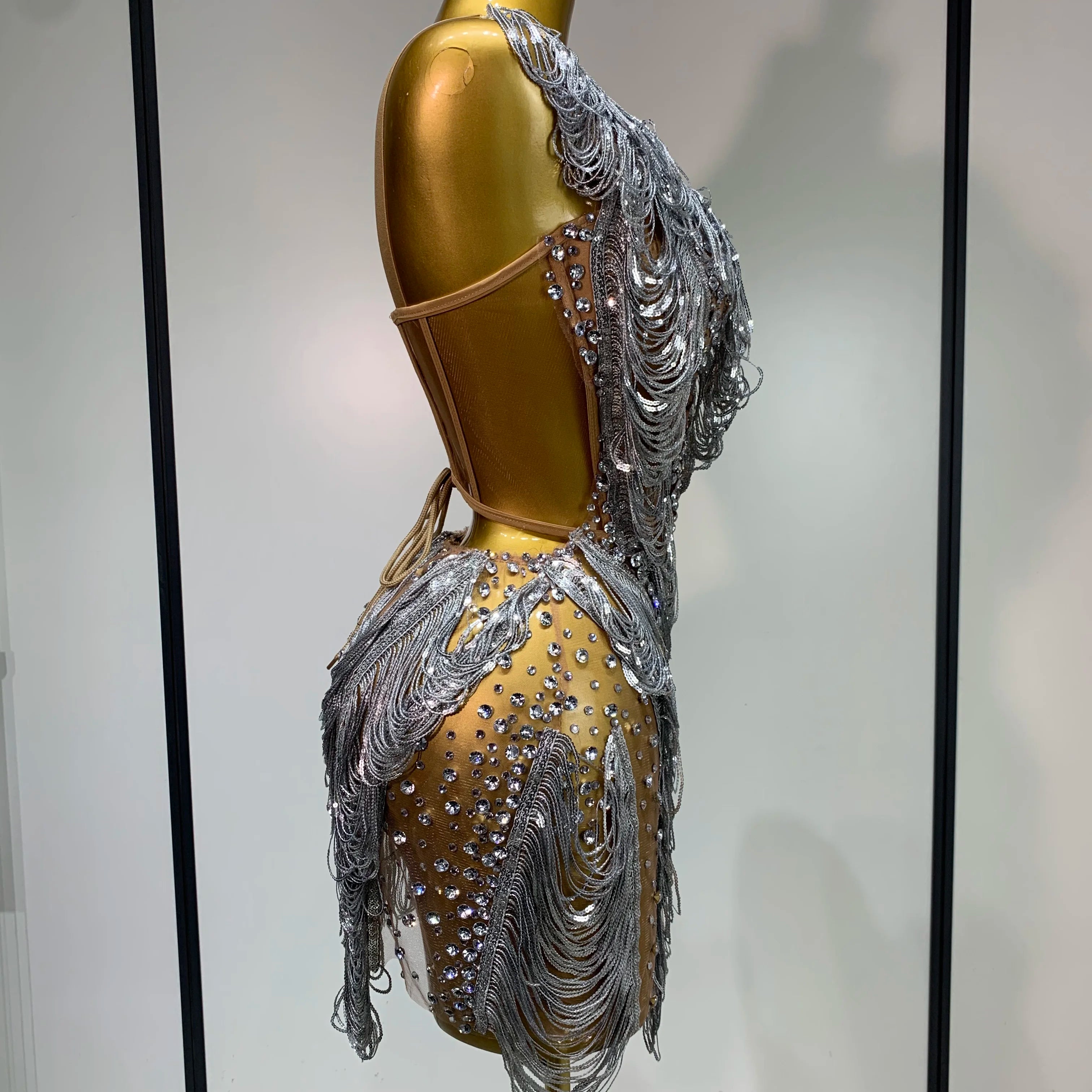 Sparkly Rhinestone Tassel Mesh Dress Nightclub Dance Stage Performance Costume Evening Party One shoulder Nigtclub Mini Dress