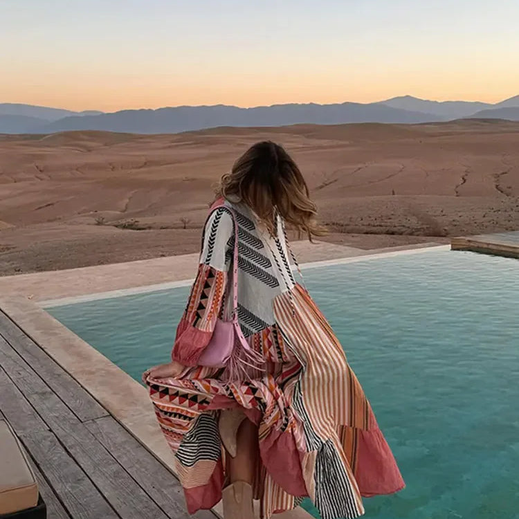 Retro Stripe Print Patchwork Maxi Dresses Women Loose V Neck Long Lantern Sleeve Long Dress Spring Chic Female Beach Casual Robe