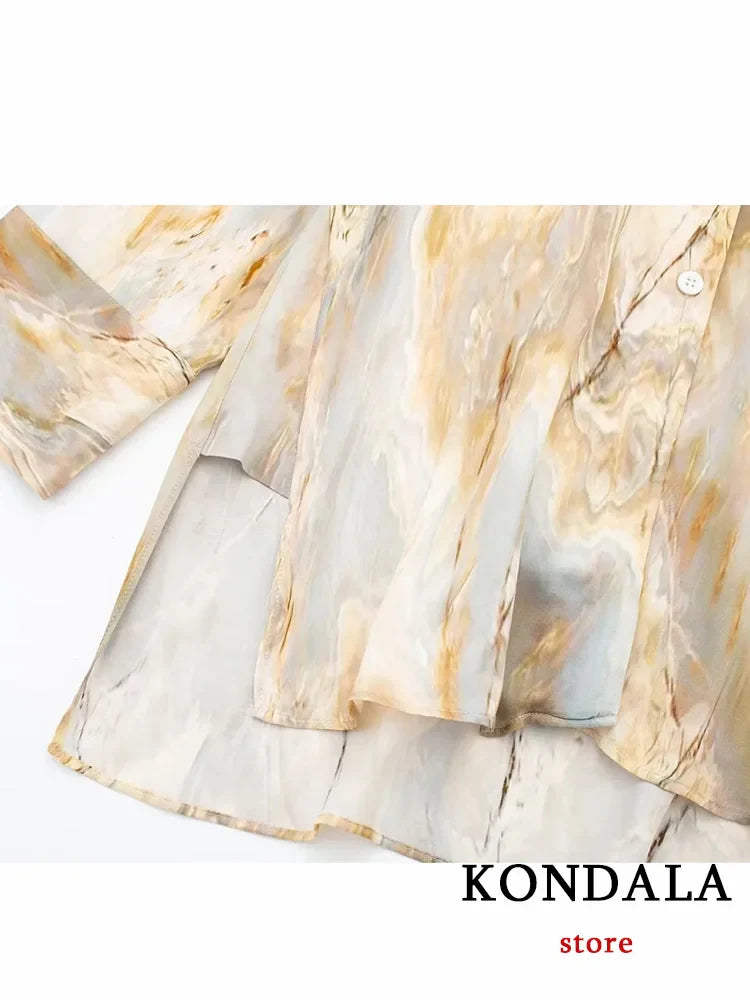 KONDALA Vintage Tie Dye Print Women Suit V-Neck Long Sleeve V Neck Shirts+High Waist Straight Loose Pants Fashion Sets