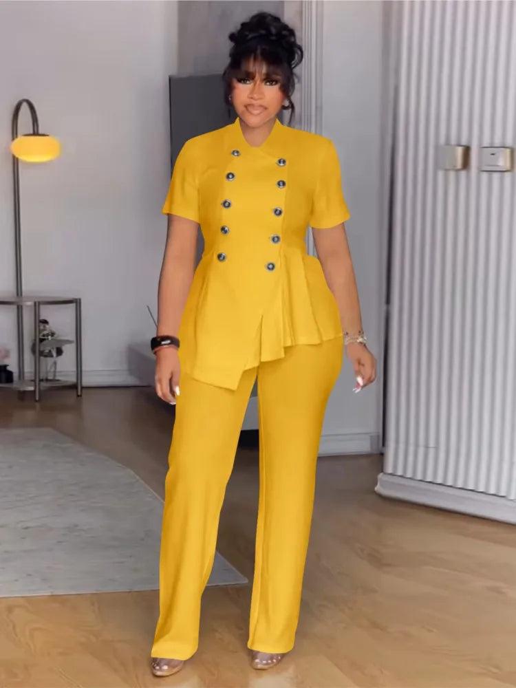 Plus Size Summer 2 Two Piece Set Women Irregular Ruffle Pleated Fashion Ladies Blouses Casual Bodycon Woman Pencil Pant