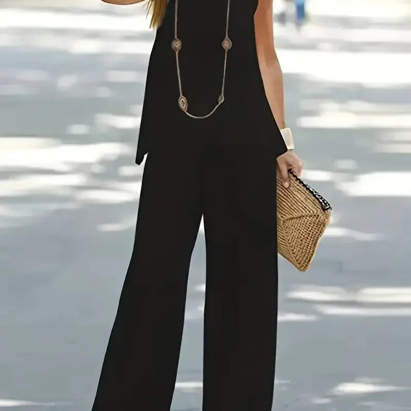 1XL-8XL Plus Size Women's Casual Outfits Two Piece Set Solid Round Neck Tank Top Wide Leg Pants Outfits 2 Piece Set black