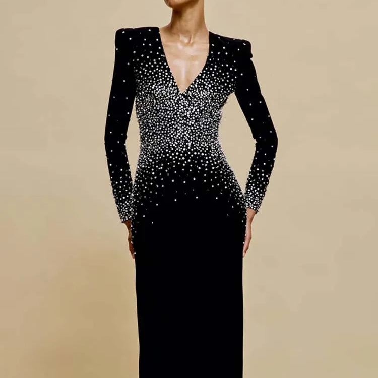 Black Long Sleeves Pearls Embellished Long Dress For Women V Neck Beaded Celebrity Party Evening Gowns Vestidos