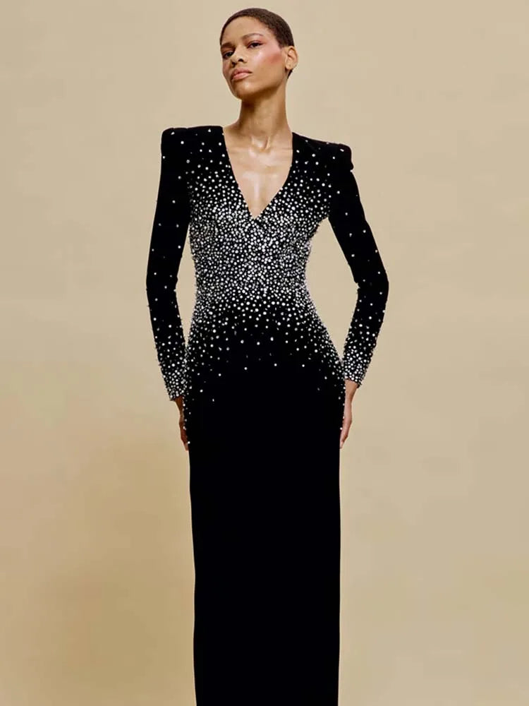 Black Long Sleeves Pearls Embellished Long Dress For Women V Neck Beaded Celebrity Party Evening Gowns Vestidos