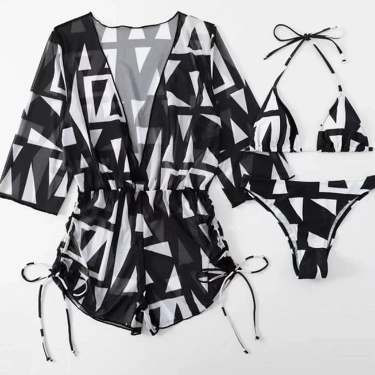 3 Pieces Bikini Tropical Print Swimsuit Halter Drawstring Side Swimwear Women 2023 Bathing Suit Female Swimming Summer Beachwear Black 1