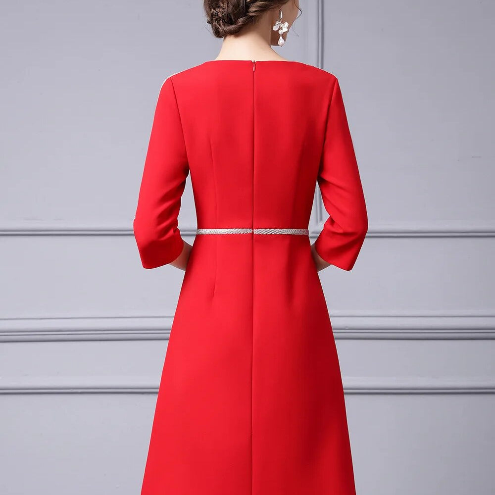 ZJYT Autumn Fashion Beading Party Formal Occasion Dresses for Women 2024 Elegant Christmas Red Midi Vestidos Fiesta Aline Robe