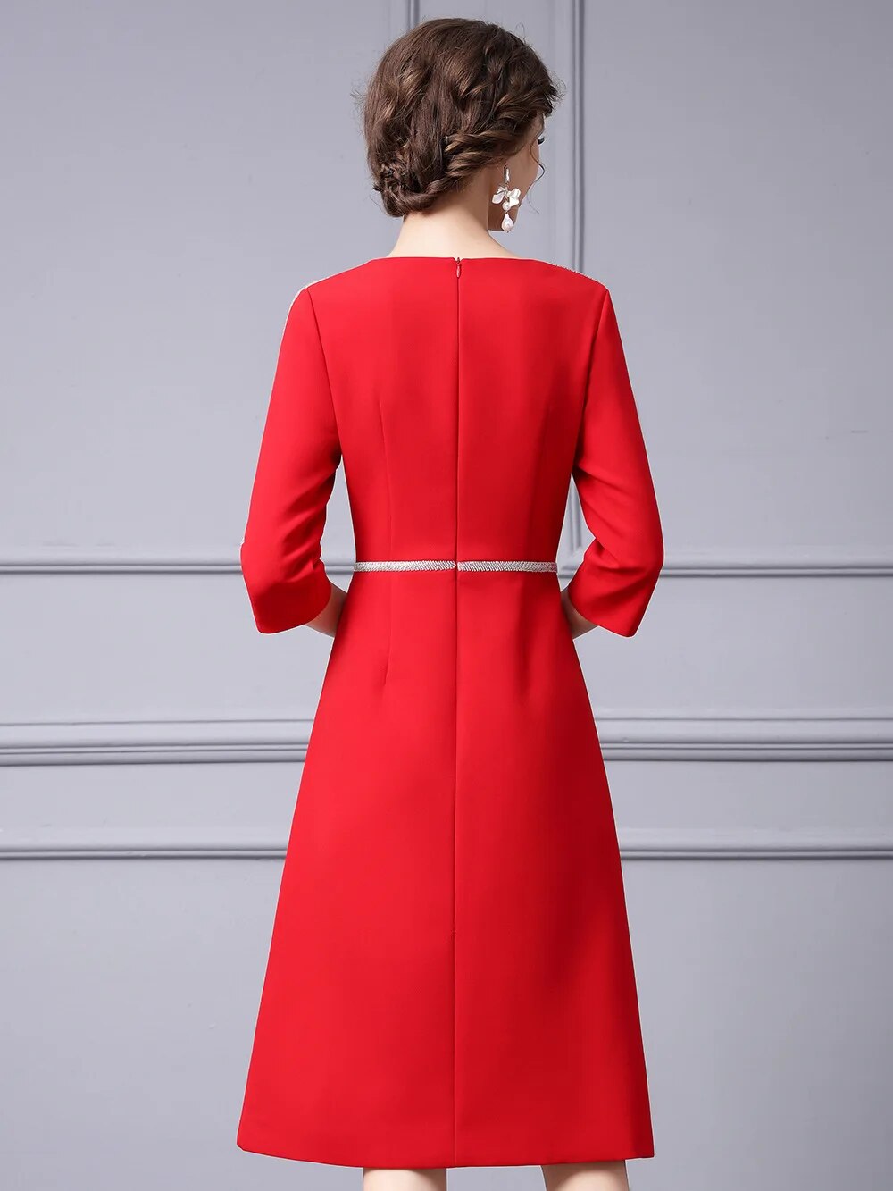 ZJYT Autumn Fashion Beading Party Formal Occasion Dresses for Women 2024 Elegant Christmas Red Midi Vestidos Fiesta Aline Robe