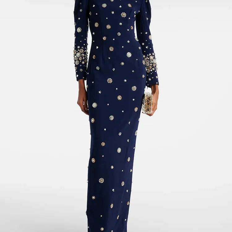 2025 New Spring Women Long Sleeve Beading Crystal Fashion Slim Long Maxi Dress Celebrate Elegant Evening Party Cocktail Dress