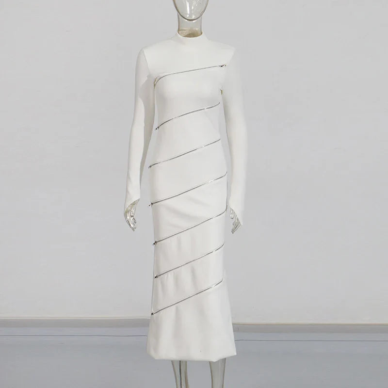 Solid Slimming Spliced Zipper Dress for Women Stand Collar Long Sleeve High Waist Dresses Female Temperament Style WHITE