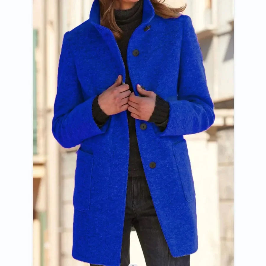 Vintage Women Overcoat Solid Button Stand Collar Woolen Coat Female Autumn Winter Fashion Long Casual Thick Ladies Jacket Dark Blue