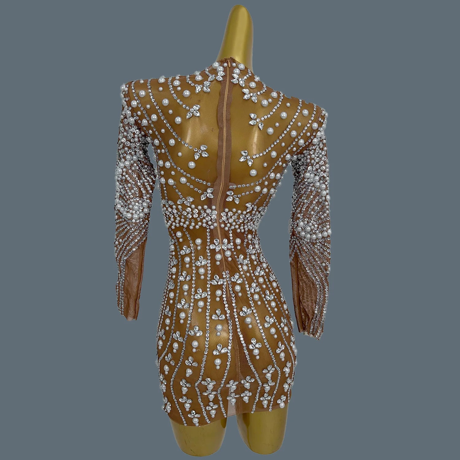 Elegant Sparkly Rhinestone Pearls Tight Short Dress for Sexy Women Luxury Dinners Party Sheer Mesh Club Chic Event Dress Huaban