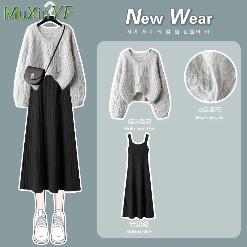 Women's 2024 Autumn Winter New Fashion V-Neck Sweater Knitted Dress Two Piece Korean Elegant Top Skirt Matching Set Female Suit
