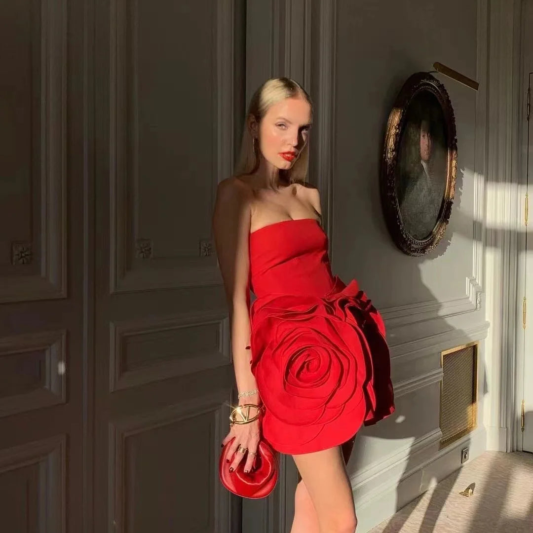 2024 Stereoscopic Flowers Strapless Red Bandage Mini Evening Dress Fashion Woman Birthday Party Dress Celebrity Party Outfit