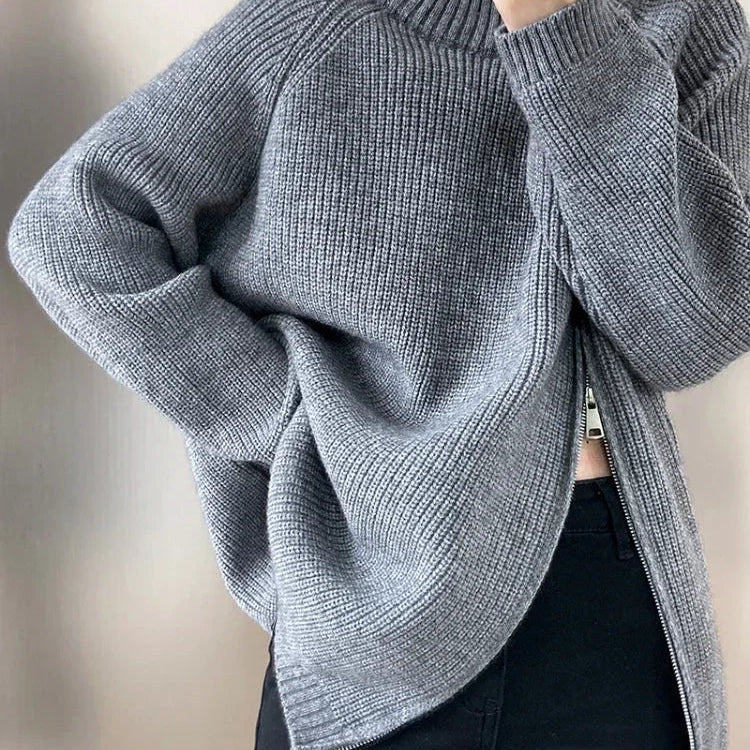 Women's Turtleneck Zipper Oversize Fashion Women Sweaters Autumn Knitwears Loose Thick Warm High Neck Solid Pullovers Women GRAY