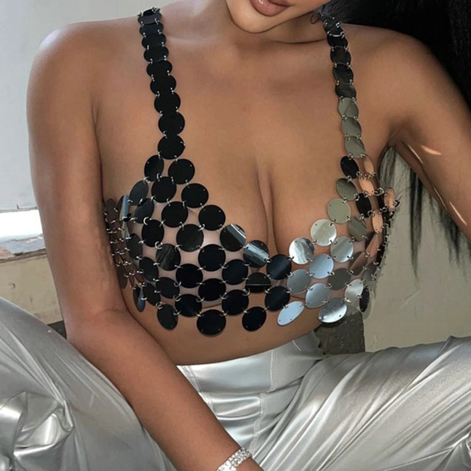 Mini Skirt Shiny Sequins Metal Chain Patchwork Woman Skirt Hollow Out Transparent Fashion Elegant Solid Short Bottom Women Girls