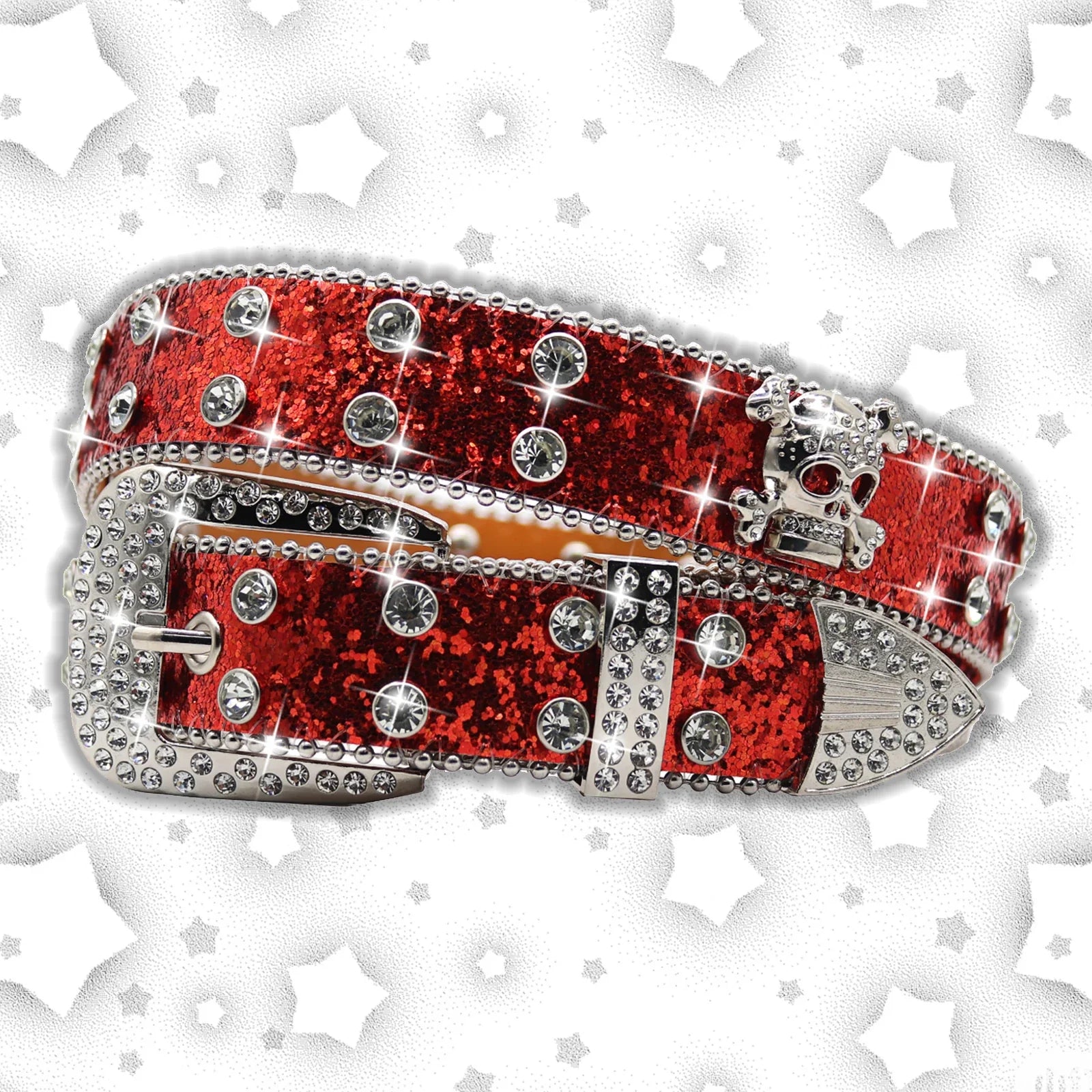 Women's Brand Luxury Sequin Punk Metal Buckle Belt Y2k Bling Skull Rhinestone Belt Fashion Waistband Jeans Pants Decor Belt Red