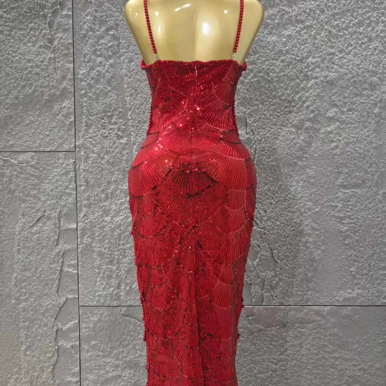 Red Color Women Sexy Sleeveless Pearl Beading Bodycon Mid-calf Dress Waist Hollow Out Celebrate Fashion Birthday Party Dress