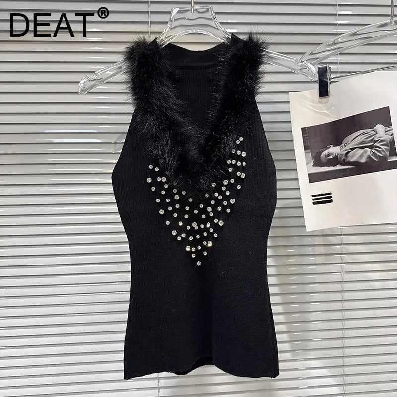 Winter New Fashion V-neck Furry Collar Rhinestone Design Knitted Vest Camisole For Women Slim Fit Tank Top 11A07754