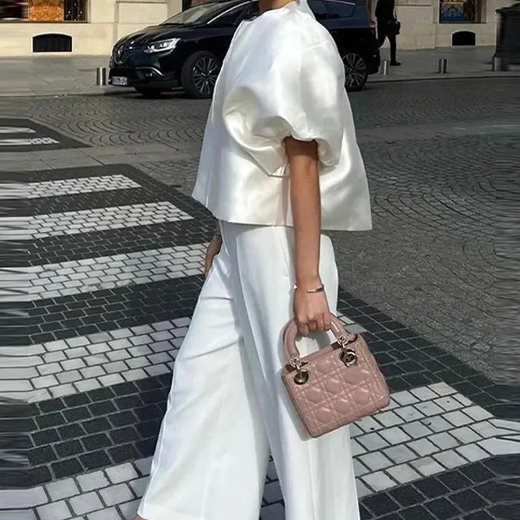 Satin Elegant Shirts Women White Lantern Short Sleeve O-neck Loose Female Blouses Spring Summer Lady Tops Chic Streetwear