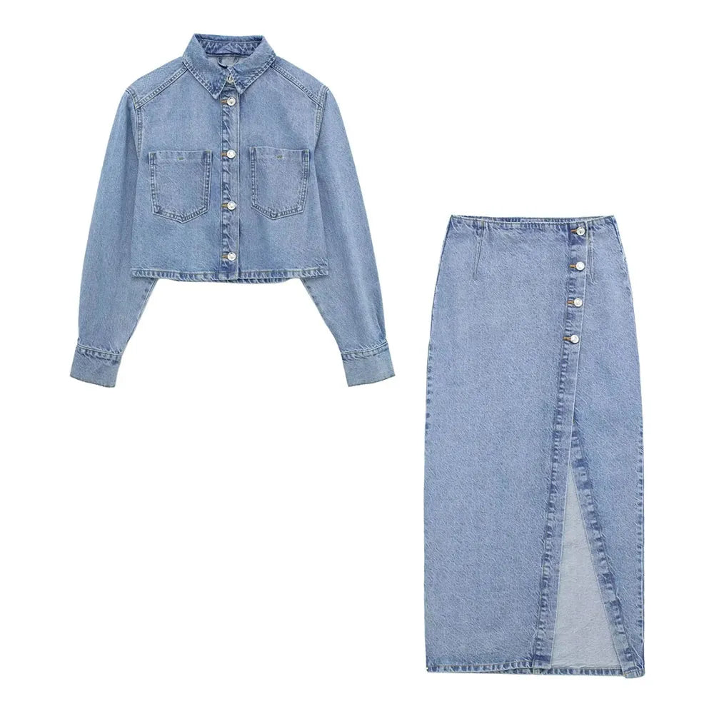Women Retro Fashion Autumn Loose Long Sleeve Denim Jacket + High Waist Denim Midi Skirts Female 2 Pieces Set Ropa De Mujer suits