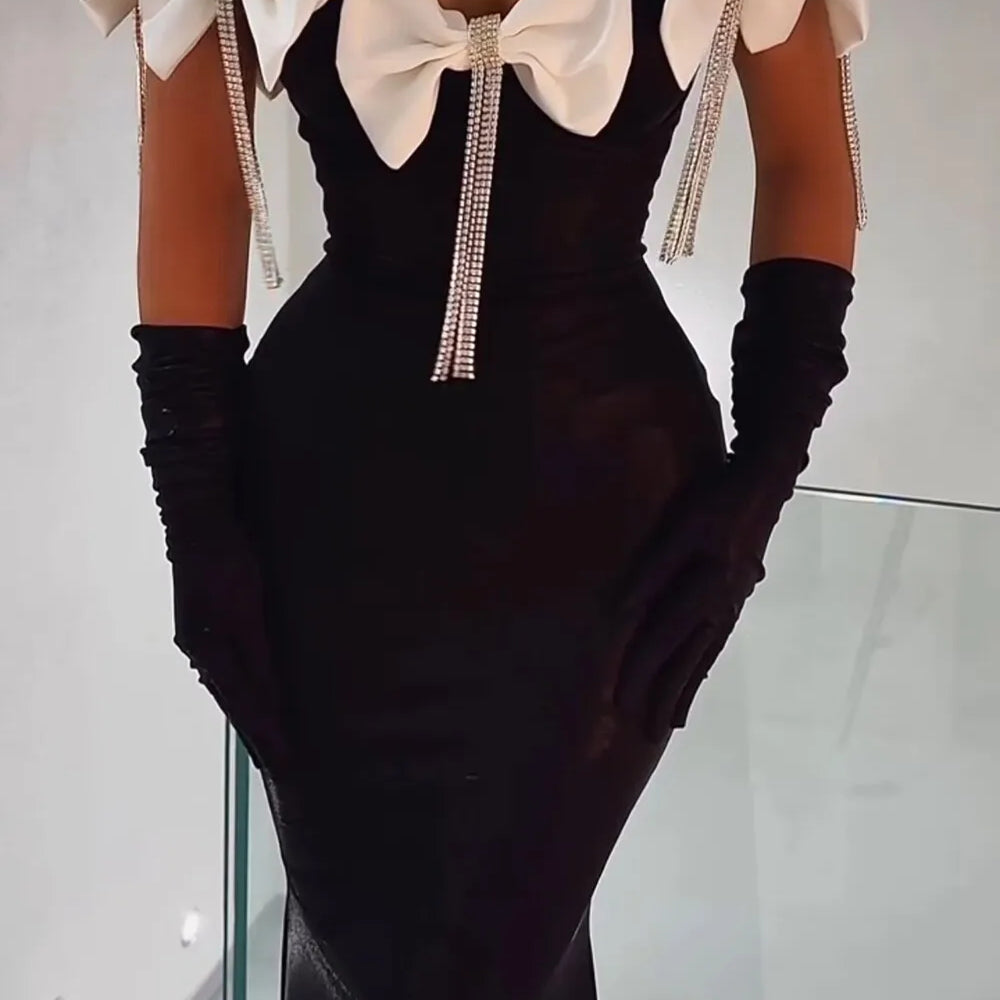 2024 New Women Sexy Off the Shoulder Bodycon Bandage Long Dress Bow Chain Elegant Evening Party Celebrate Birthday Dress