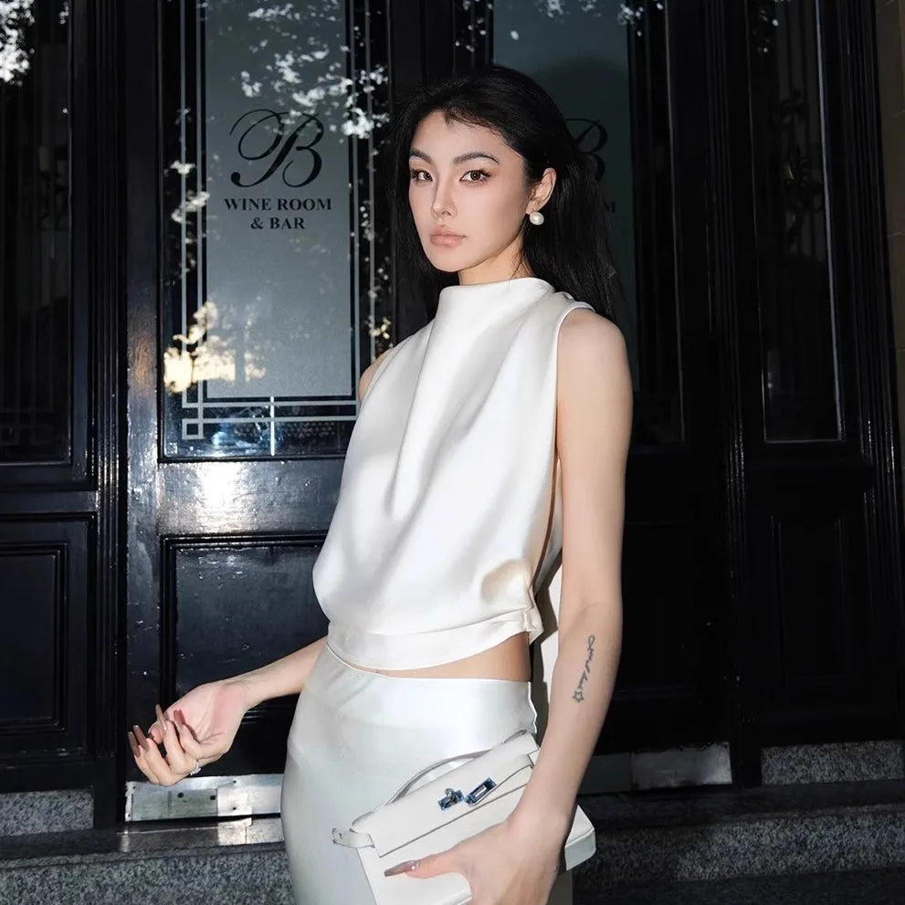 Lautaro Spring Summer Short Lightweight Soft Flowy Backless Acetate Tank Tops Women Elegant Chic Luxury Designer Clothes 2025