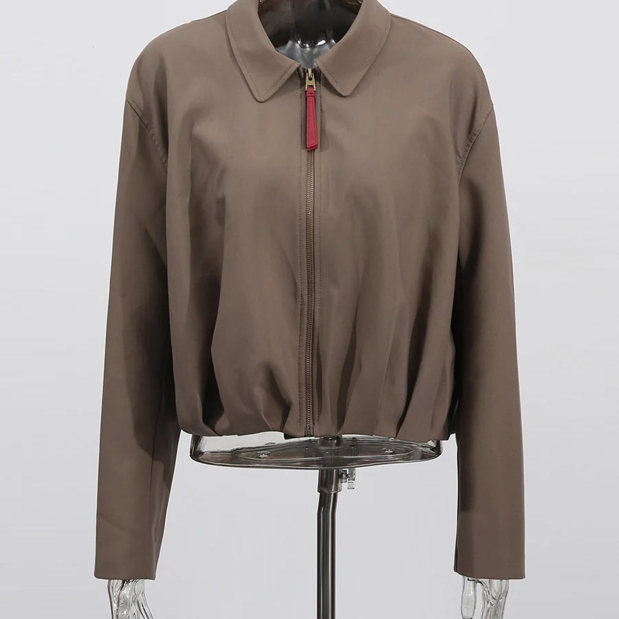 Fashion Casual Two Piece Sets for Women Lapel Long Sleeves Patchwork Zipper Top High Waist Wide Leg Pant Set Female GREYBROWN 1