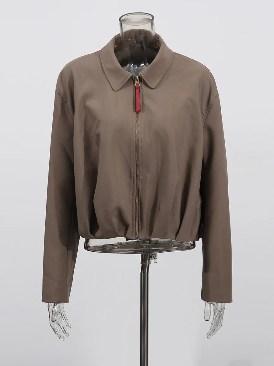 Fashion Casual Two Piece Sets for Women Lapel Long Sleeves Patchwork Zipper Top High Waist Wide Leg Pant Set Female GREYBROWN 1