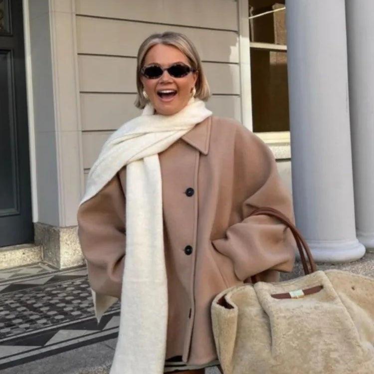 Women Fashion Wool Lapel Coats Vintage Cape Sleeve Casual Single Breasted Pockets Jackets Autumn Winter Female Chic Streetwear