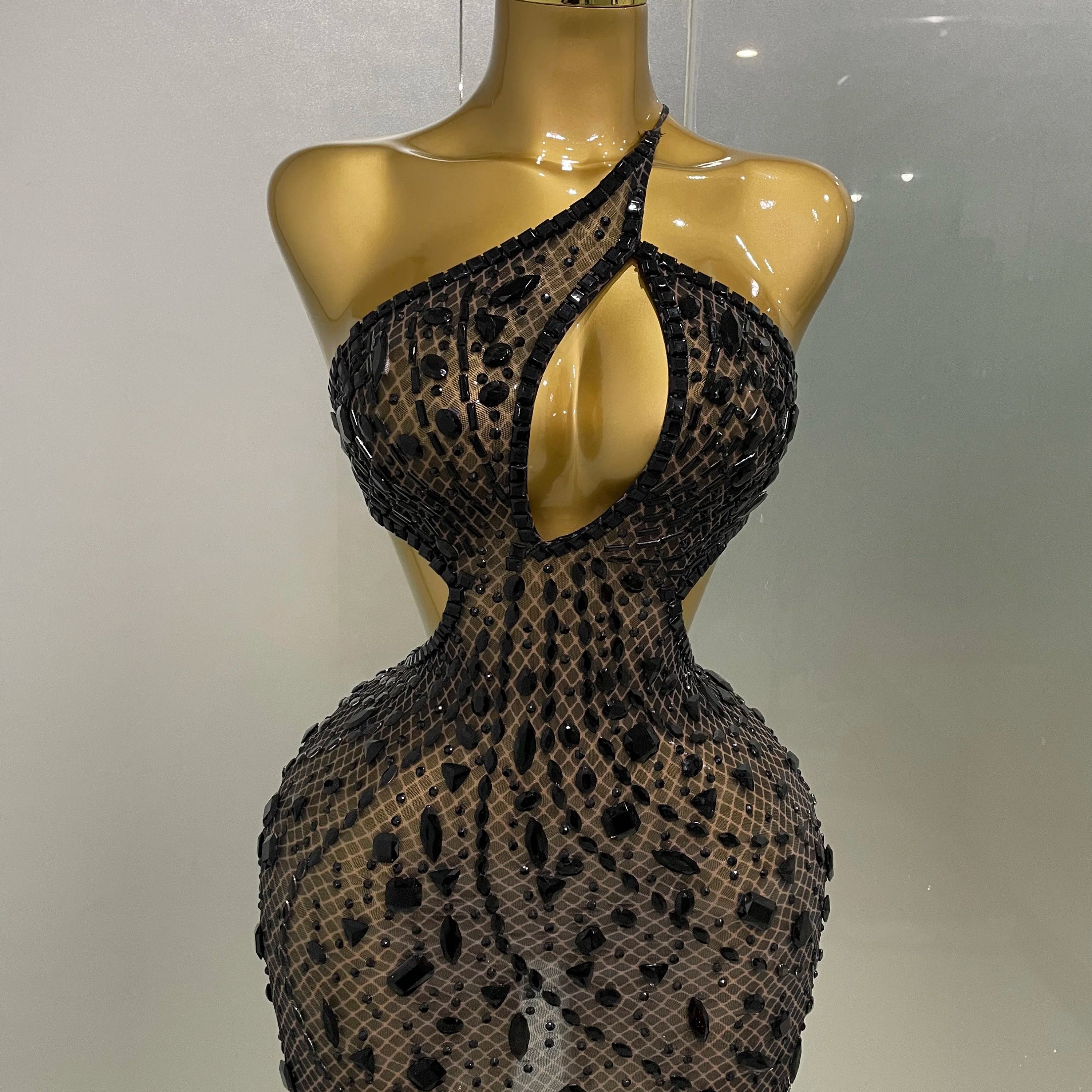 Stock Women Sparkly Big Crystal Sexy Off the Shoulder Mesh See Through Mini Dress Nightclub Party Celebrate Birthday Dress black