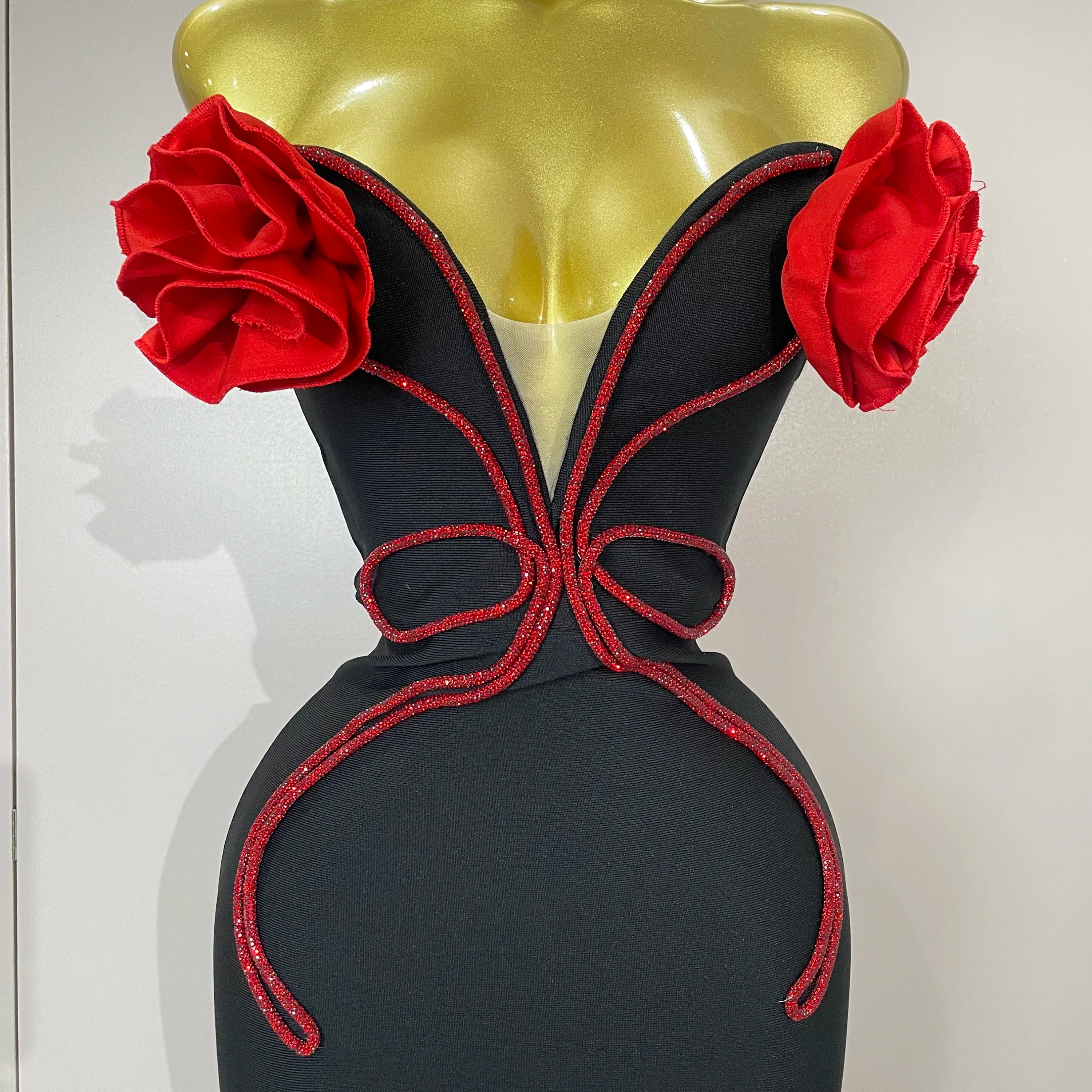 2025 black Off Shoulder Red Flower Bandage Long Dress Women Elegant Fshion Celebrity Party Dress