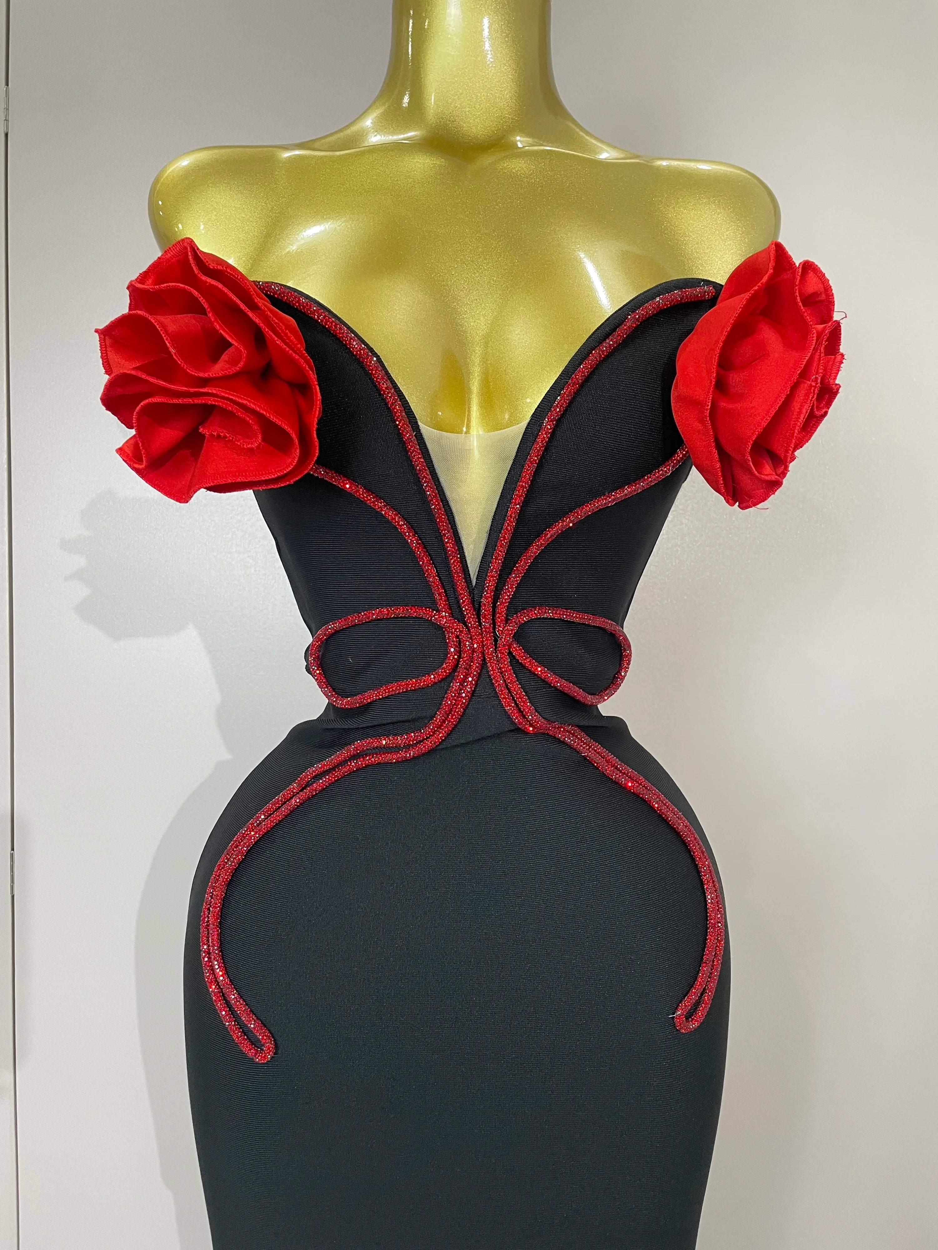 2025 black Off Shoulder Red Flower Bandage Long Dress Women Elegant Fshion Celebrity Party Dress