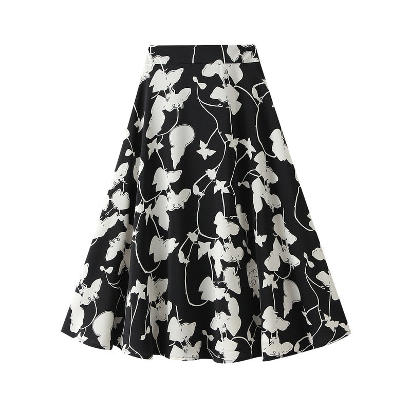 Willow Flower Chiffon Floral A- line Skirt Women's Spring Summer 2024 New High Waist Printed Long Skirt Female Black One Size
