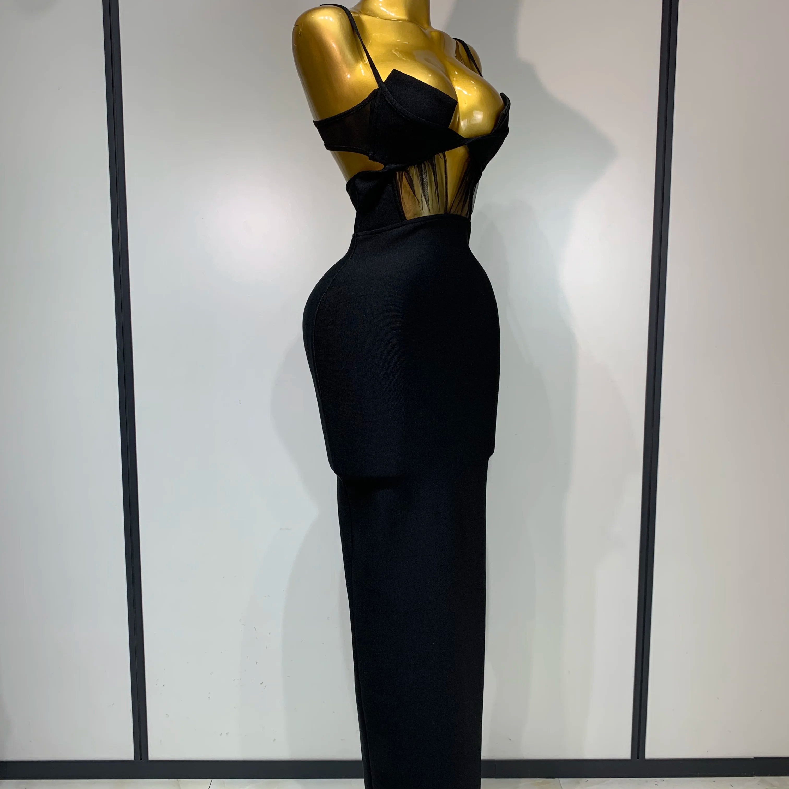 Fashion Black Spaghetti Strap Maxi Long Bandage Dress Mesh Cut Out Elegant Celebirty Bodycon Evening Club Party Birthday Dresses