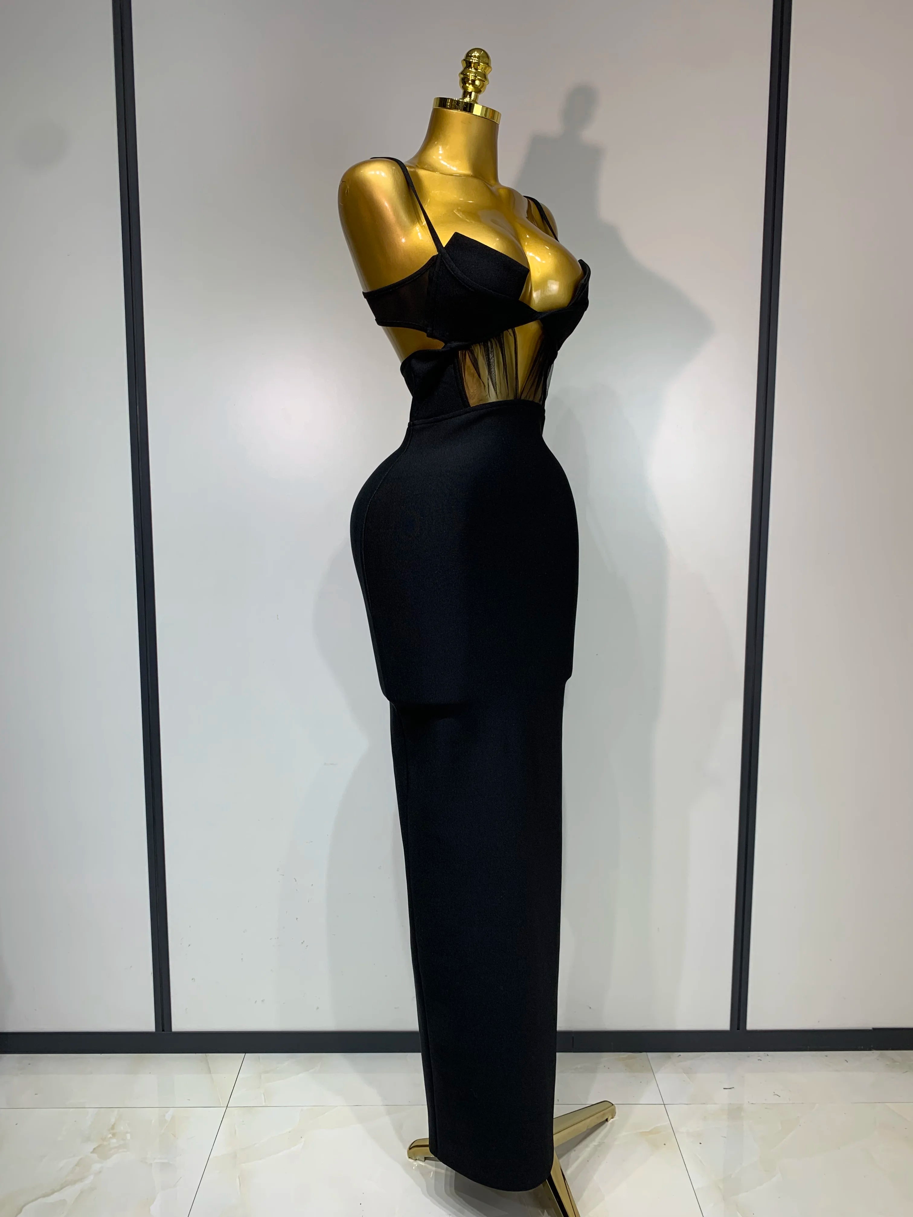 Fashion Black Spaghetti Strap Maxi Long Bandage Dress Mesh Cut Out Elegant Celebirty Bodycon Evening Club Party Birthday Dresses