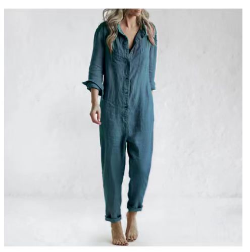 Vintage Cotton Overalls Mujer Women Jumpsuits Spring Long Sleeve Buttons One Piece Outfit Chic Tunic Oversized Green Jumpsuit pic