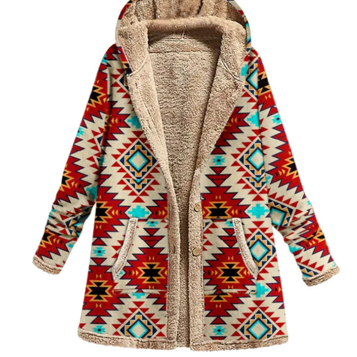 Print Casual Women Coat Vintage Hooded Overcoat Female Fashion Warm Long Sleeve Coats Ladies Plush Jacket Autumn Winter Khaki