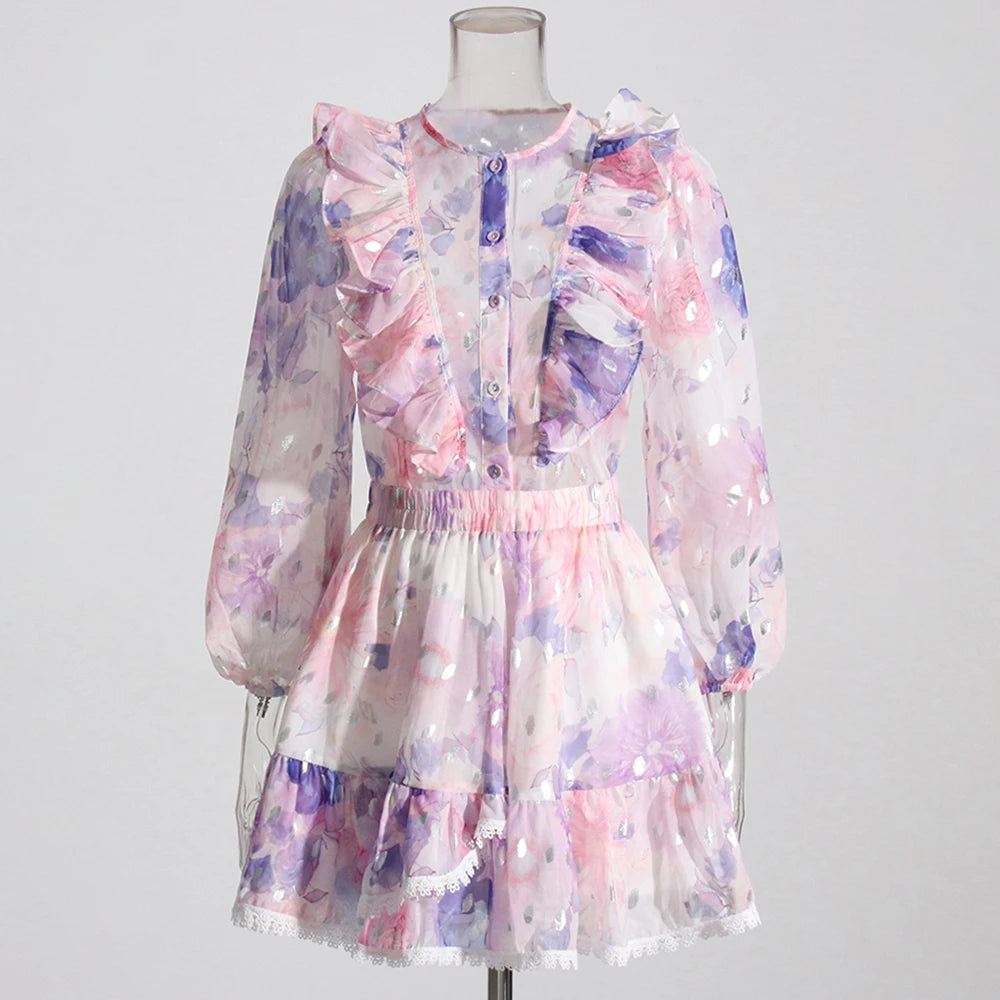 Colorful Two Pieces Set For Women Round Neck Long Sleeve Top High Waist Mini Skirts Summer Mesh Set Female 2024 Clothing New Purple